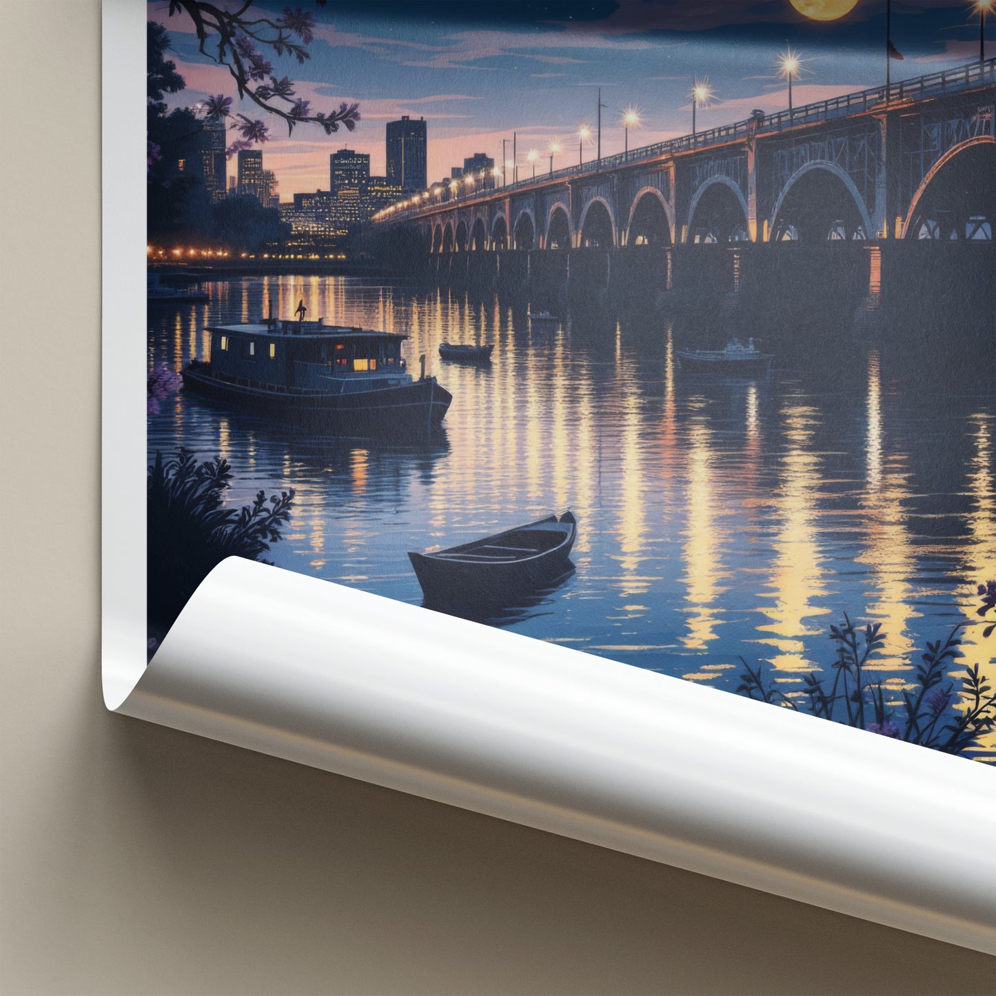 Rochester Poster - New York Travel Art - Moonlit City Bridge Home Decor