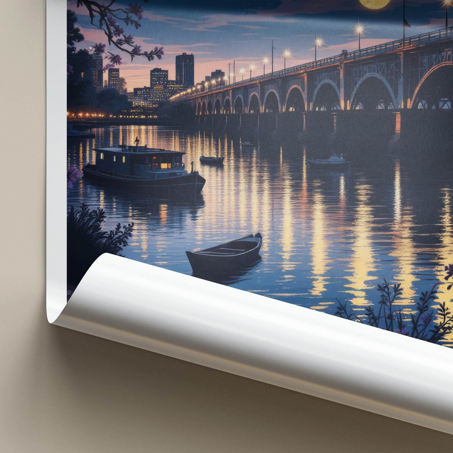 Rochester Poster - New York Travel Art - Moonlit City Bridge Home Decor