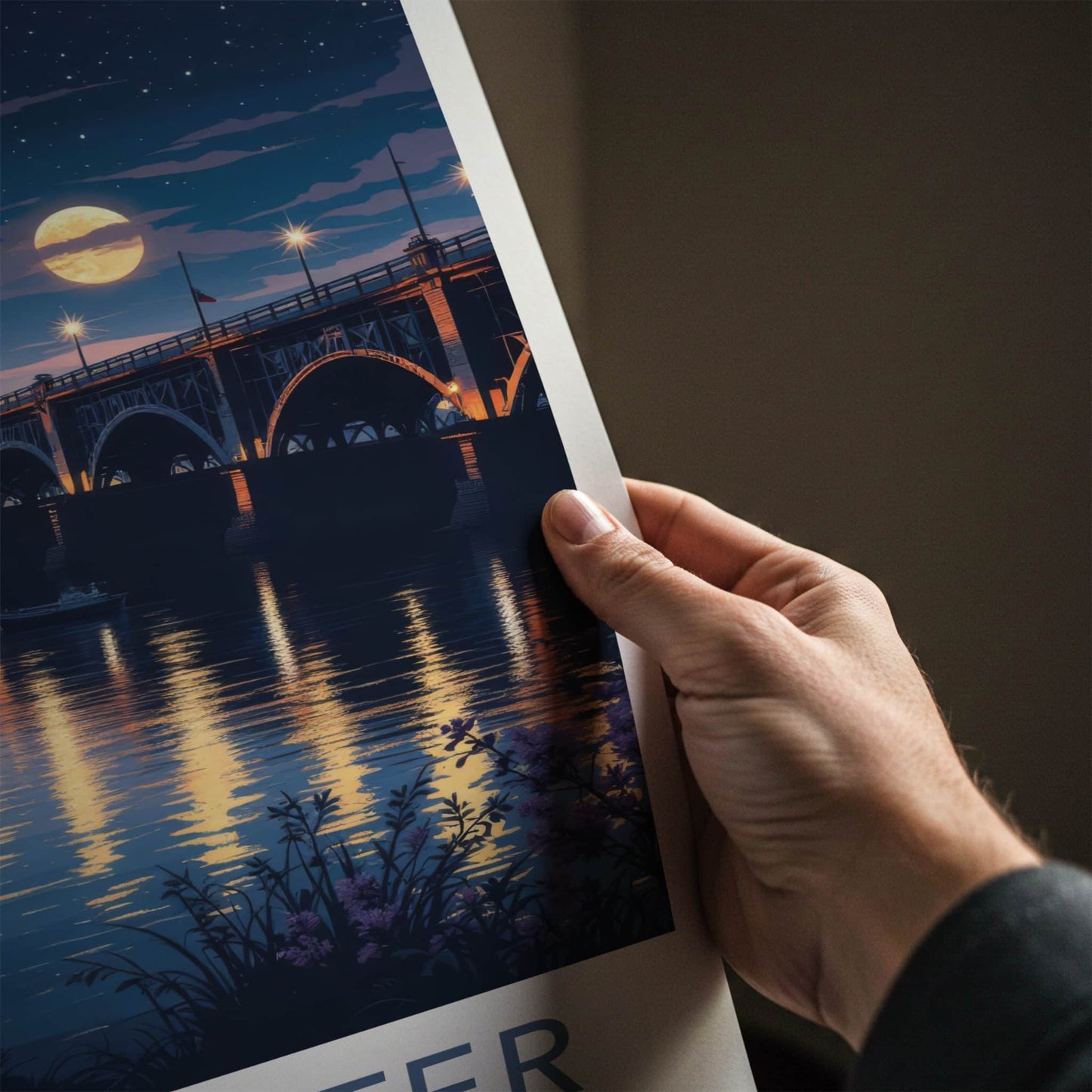 Rochester Poster - New York Travel Art - Moonlit City Bridge Home Decor