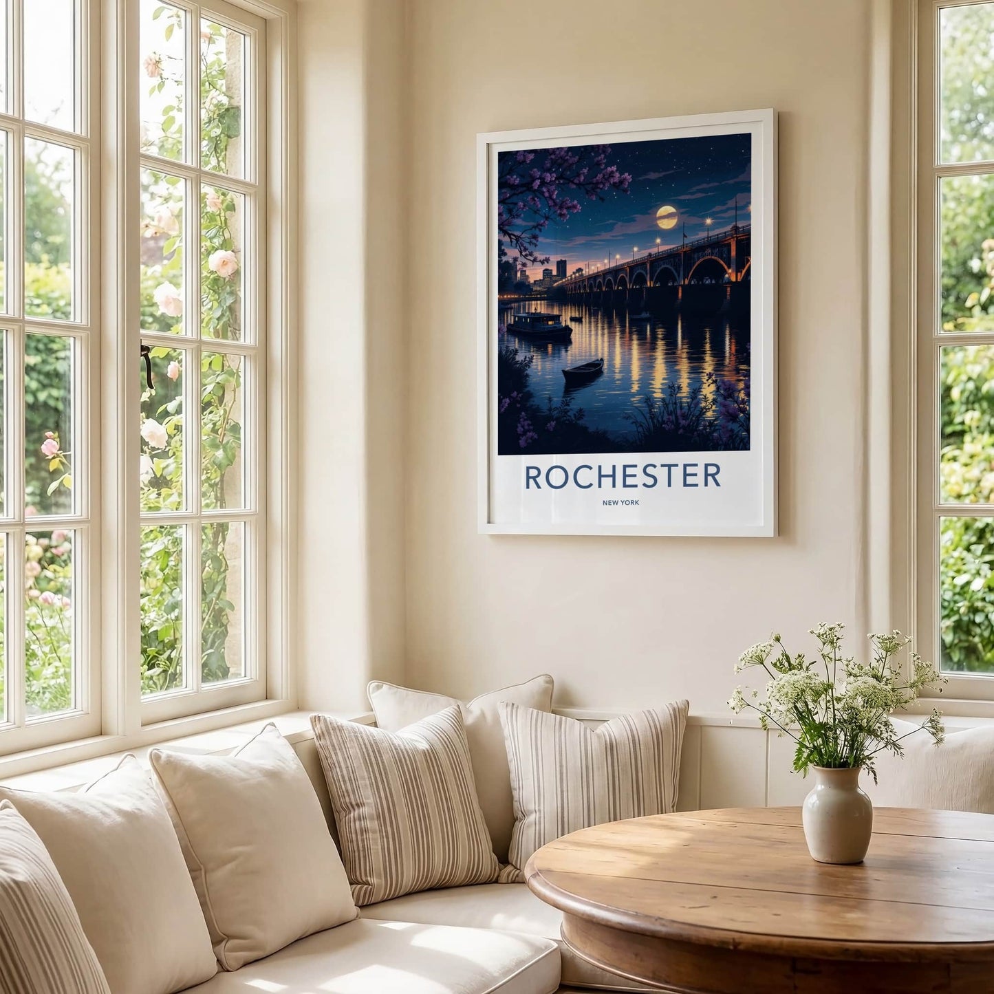 Rochester Poster - New York Travel Art - Moonlit City Bridge Home Decor