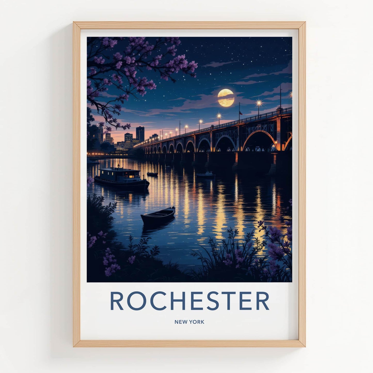 Rochester Poster - New York Travel Art - Moonlit City Bridge Home Decor