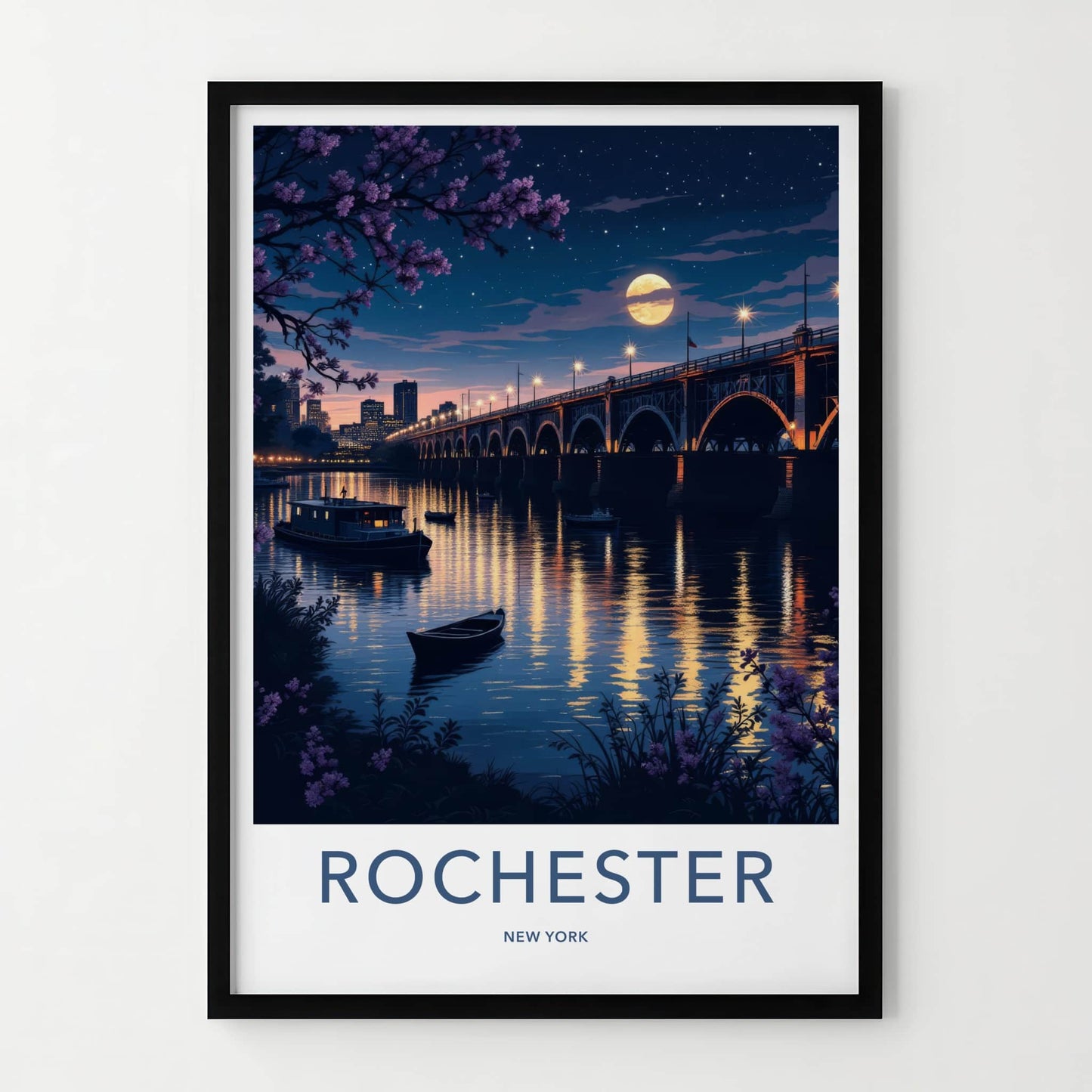 Rochester Poster - New York Travel Art - Moonlit City Bridge Home Decor