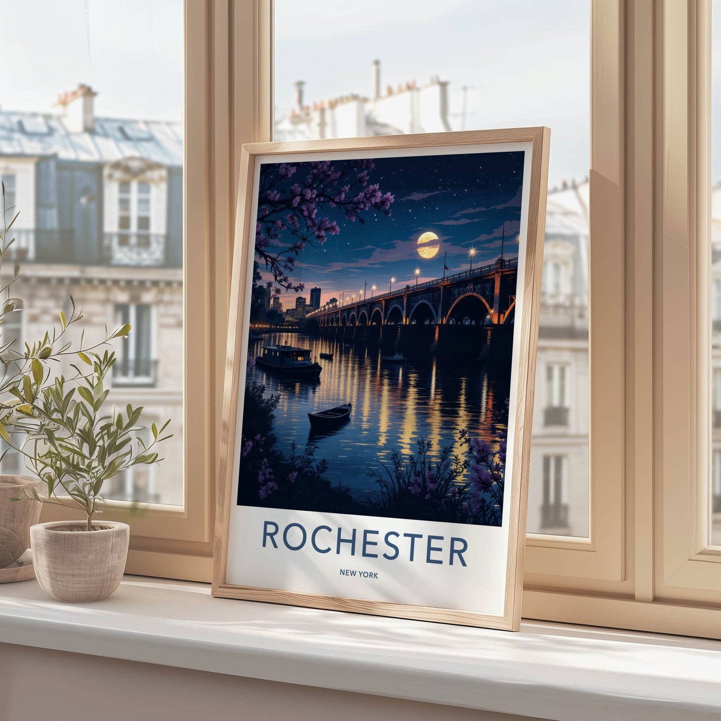 Rochester Poster - New York Travel Art - Moonlit City Bridge Home Decor