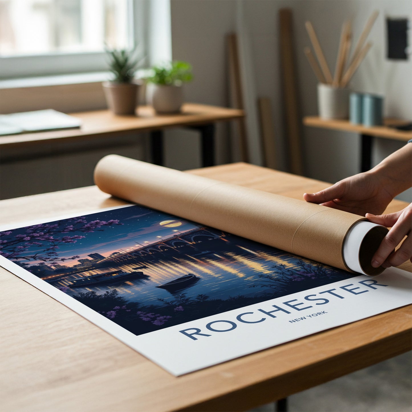 Rochester Poster - New York Travel Art - Moonlit City Bridge Home Decor