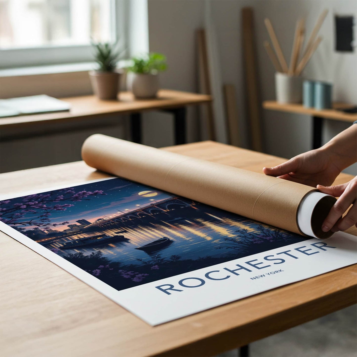 Rochester Poster - New York Travel Art - Moonlit City Bridge Home Decor