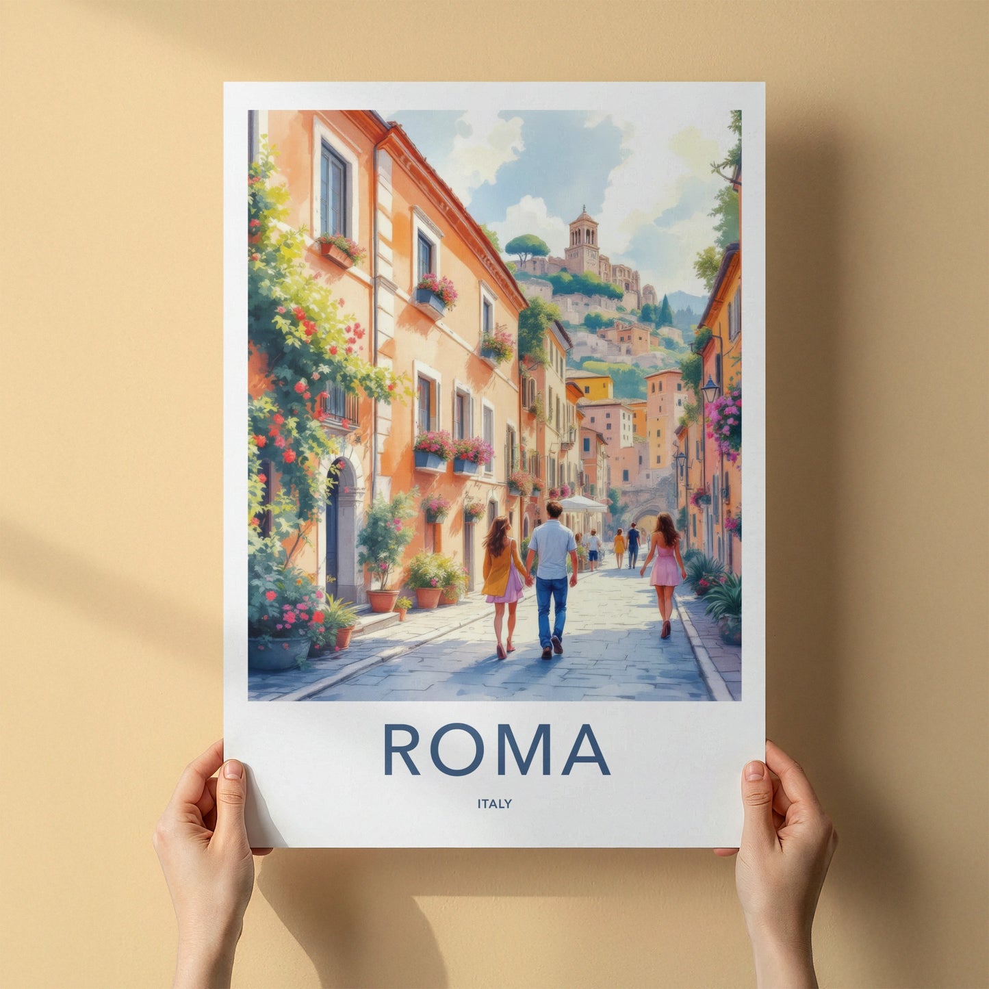 Roma Poster - Italy Travel Art - Romantic Couple Street Home Decor
