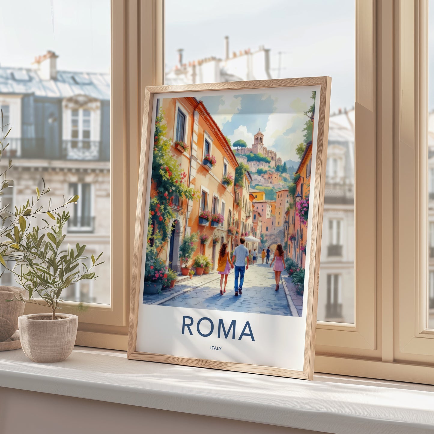 Roma Poster - Italy Travel Art - Romantic Couple Street Home Decor