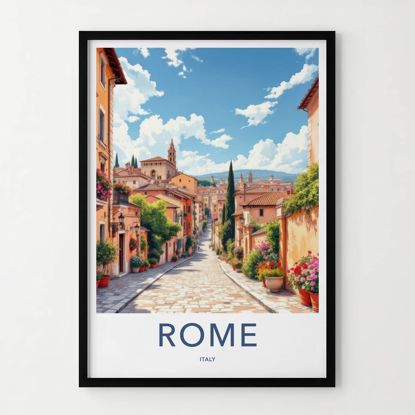 Rome Poster - Italy Travel Art - Cobblestone Street Flowers Wall Decor