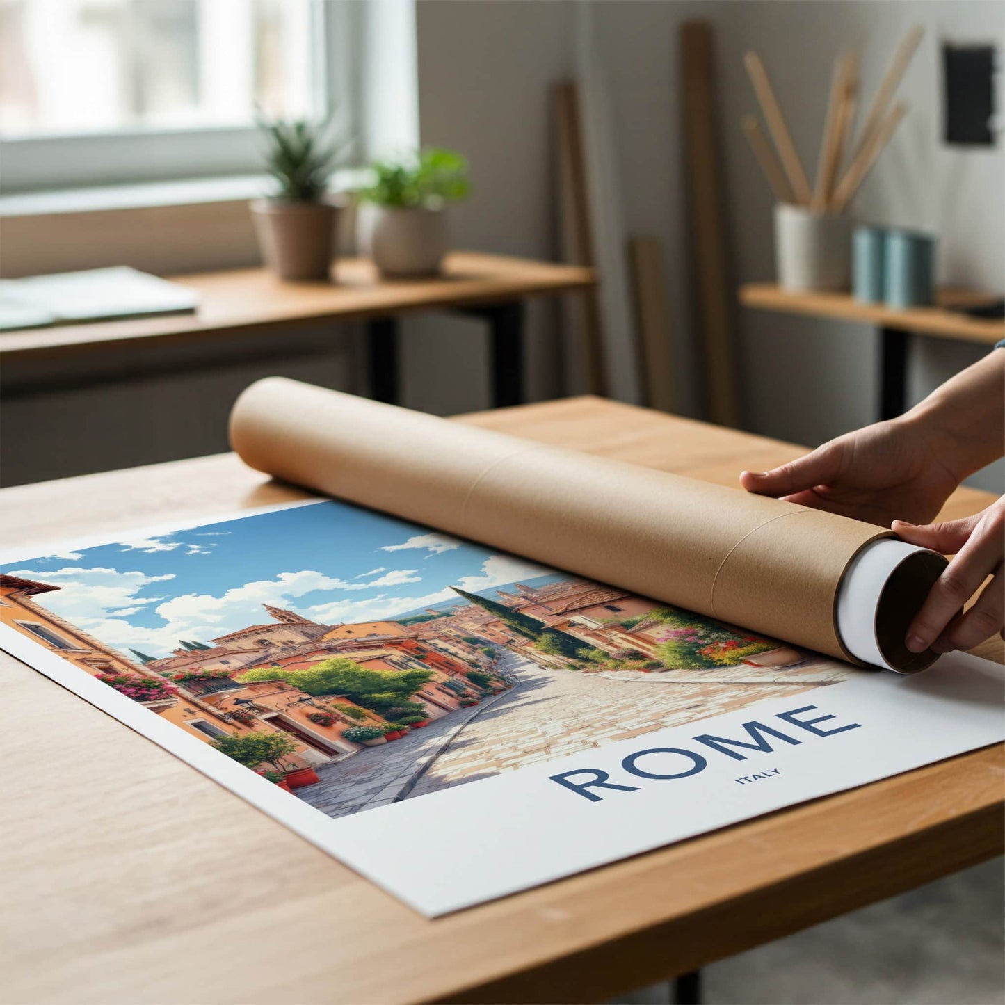 Rome Poster - Italy Travel Art - Cobblestone Street Flowers Wall Decor