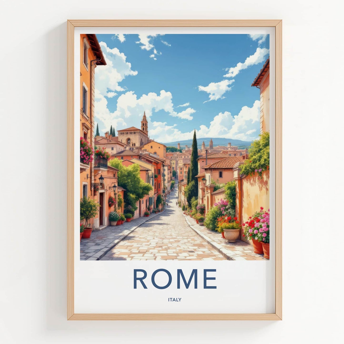 Rome Poster - Italy Travel Art - Cobblestone Street Flowers Wall Decor
