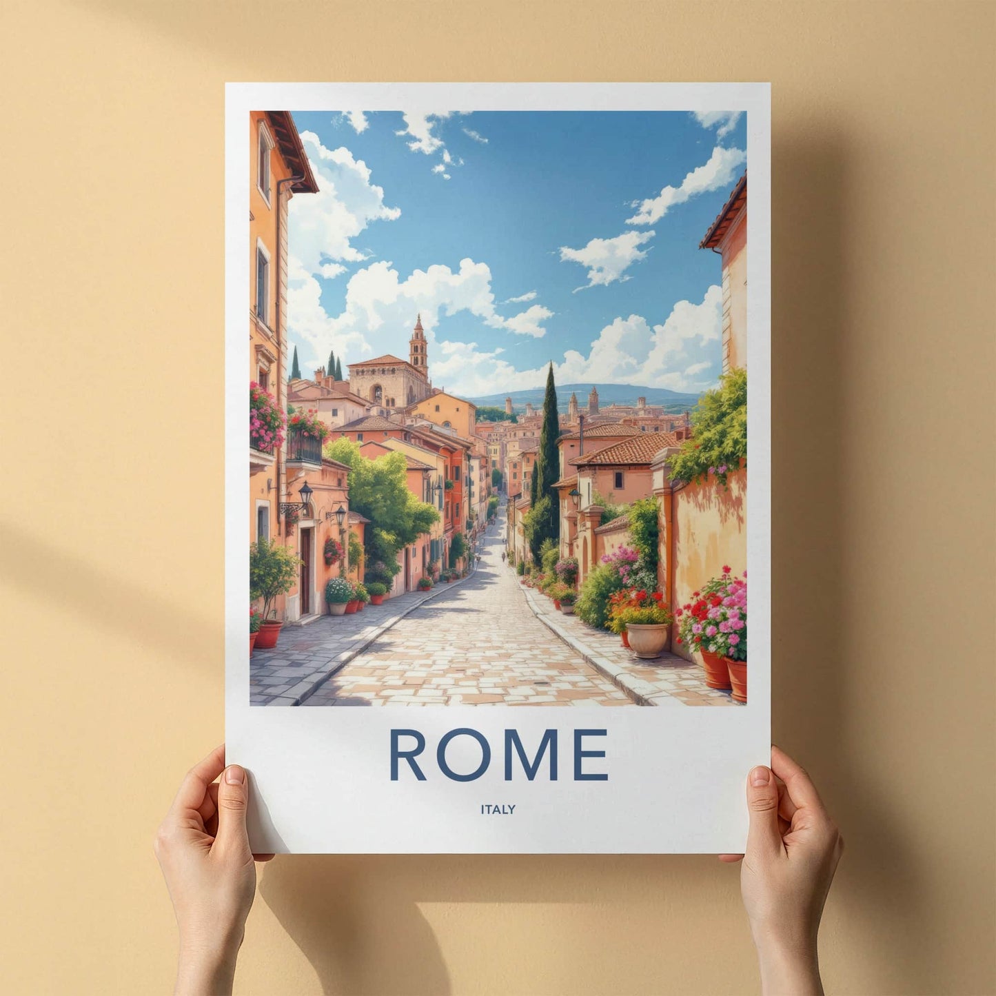 Rome Poster - Italy Travel Art - Cobblestone Street Flowers Wall Decor