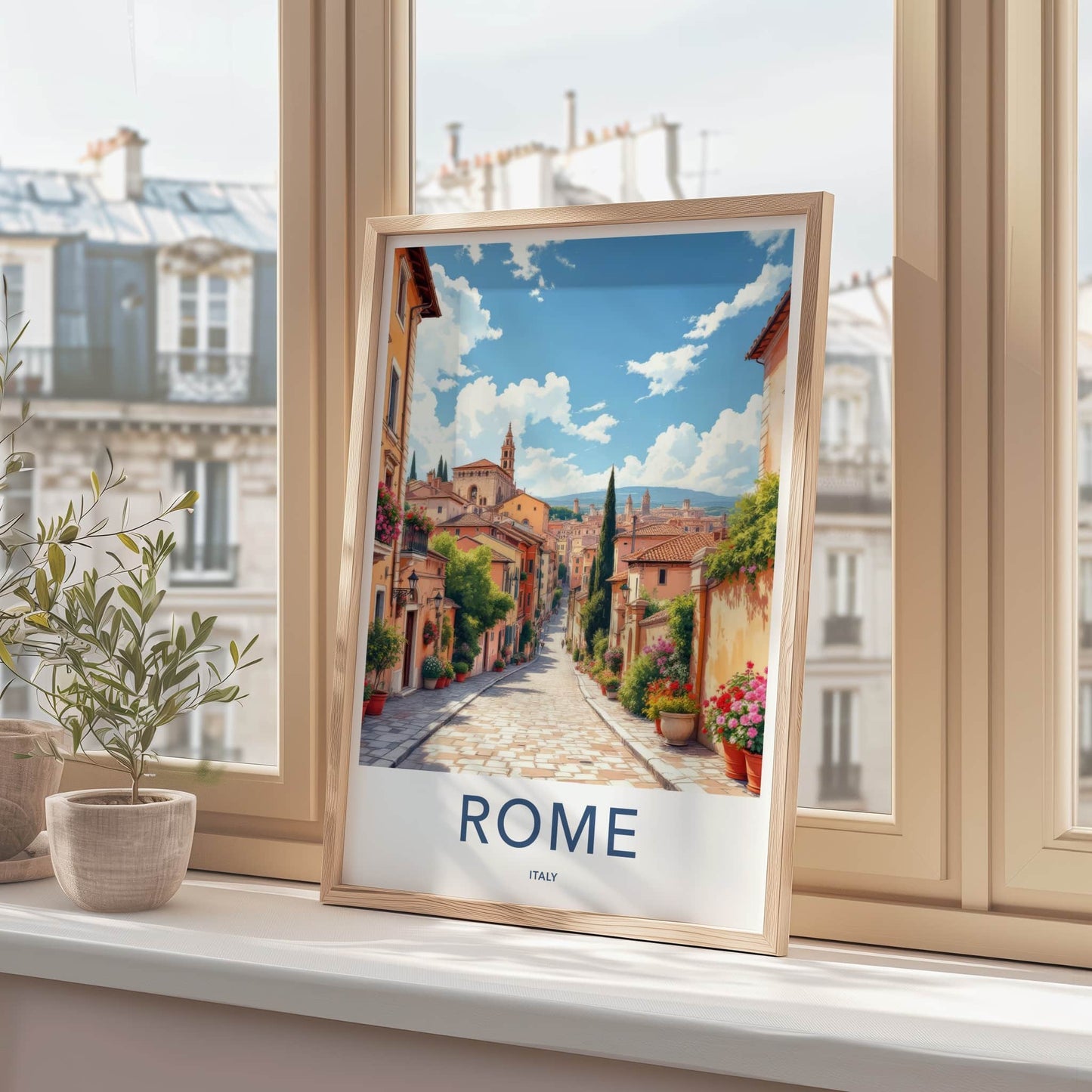Rome Poster - Italy Travel Art - Cobblestone Street Flowers Wall Decor
