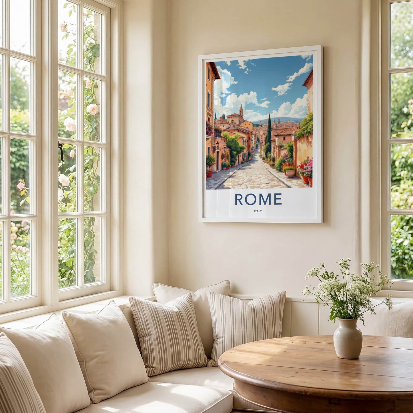 Rome Poster - Italy Travel Art - Cobblestone Street Flowers Wall Decor