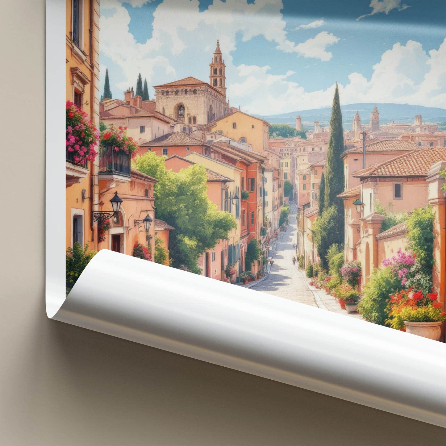 Rome Poster - Italy Travel Art - Cobblestone Street Flowers Wall Decor
