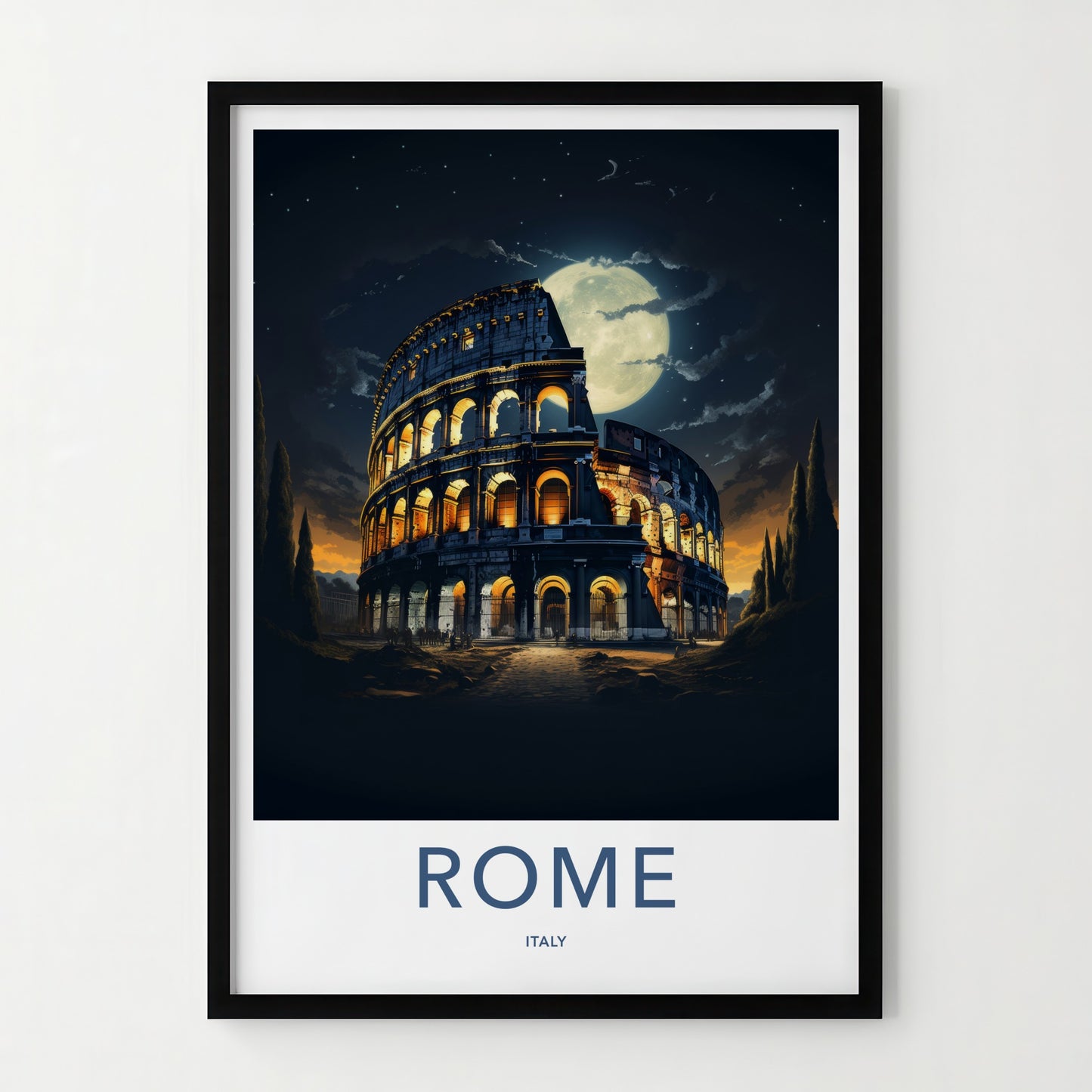 Rome Poster - Italy Travel Art - Colosseum Night Moon Home Decor