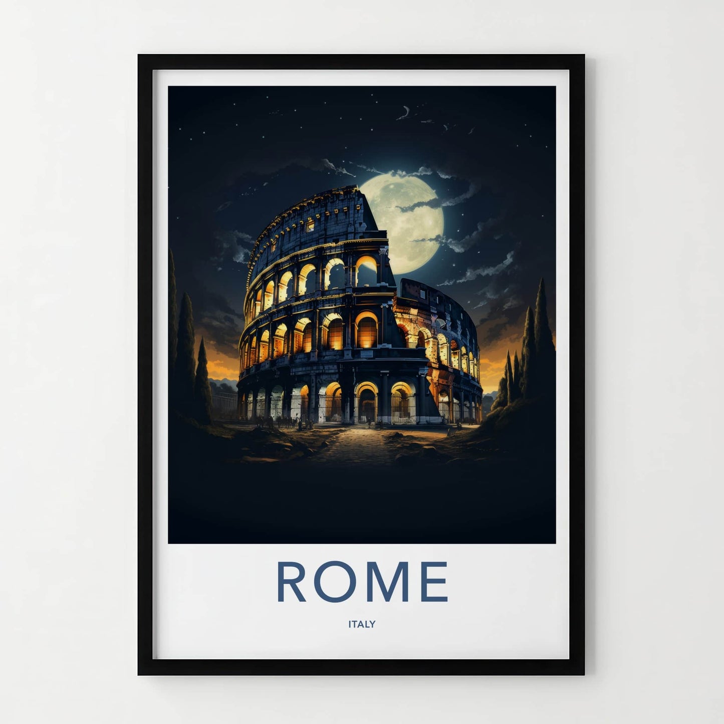 Rome Poster - Italy Travel Art - Colosseum Night Moon Home Decor