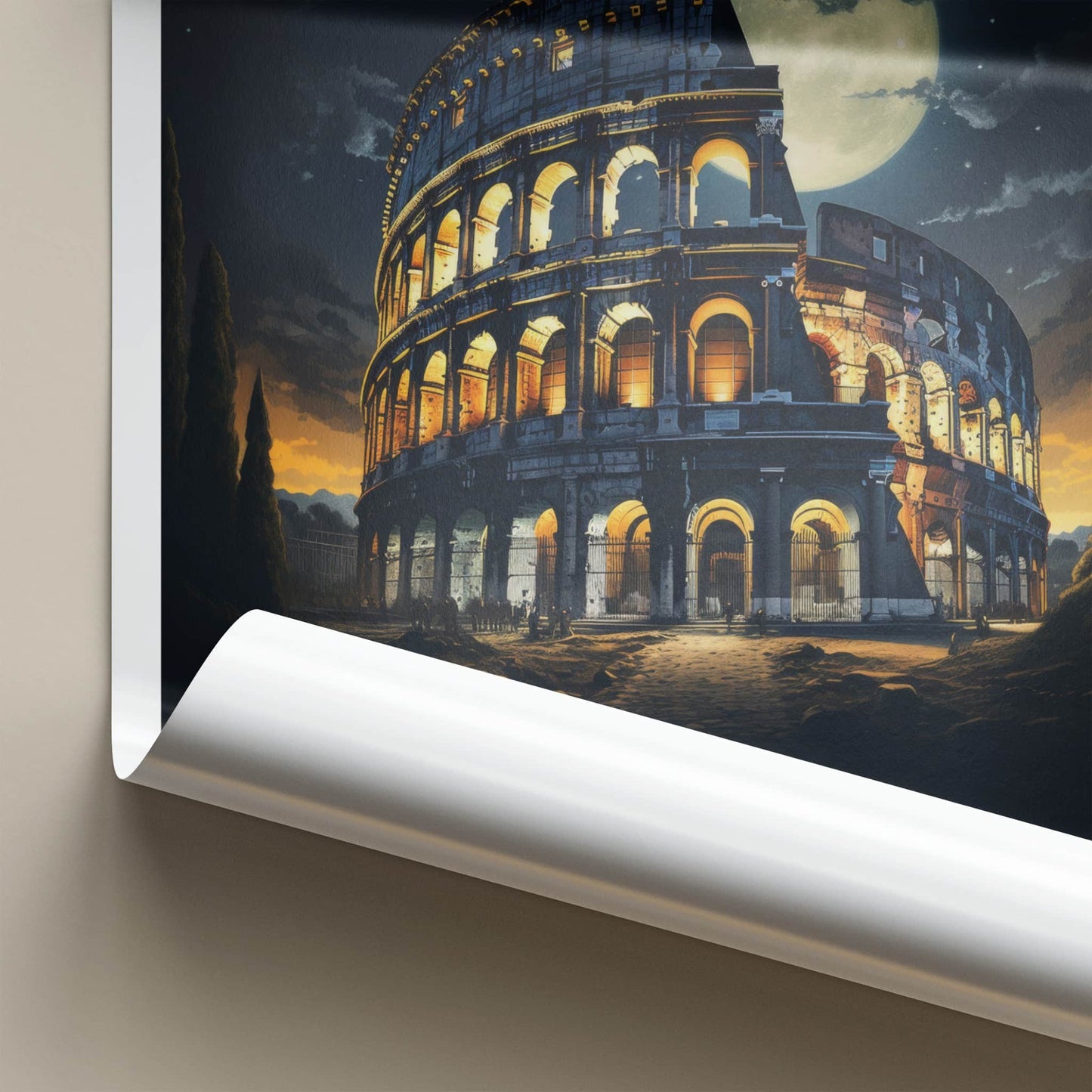 Rome Poster - Italy Travel Art - Colosseum Night Moon Home Decor