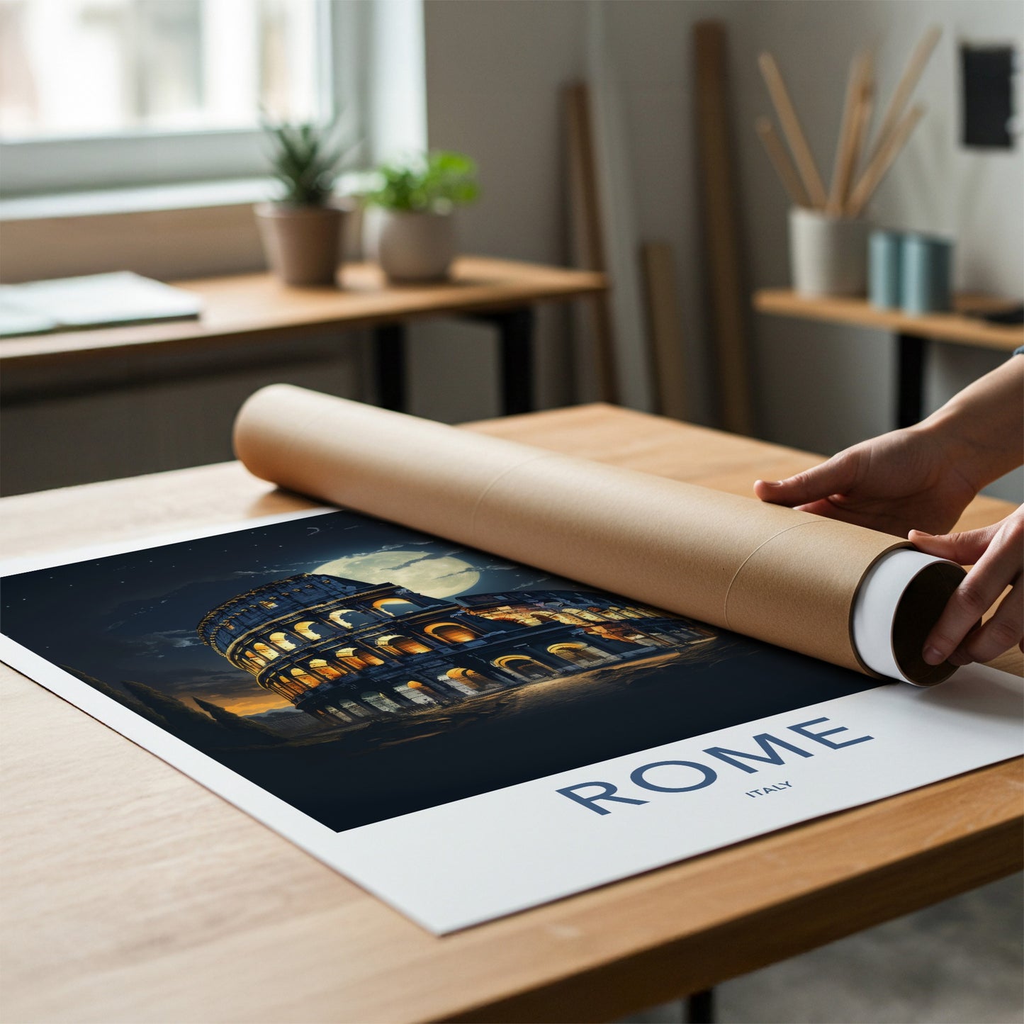 Rome Poster - Italy Travel Art - Colosseum Night Moon Home Decor