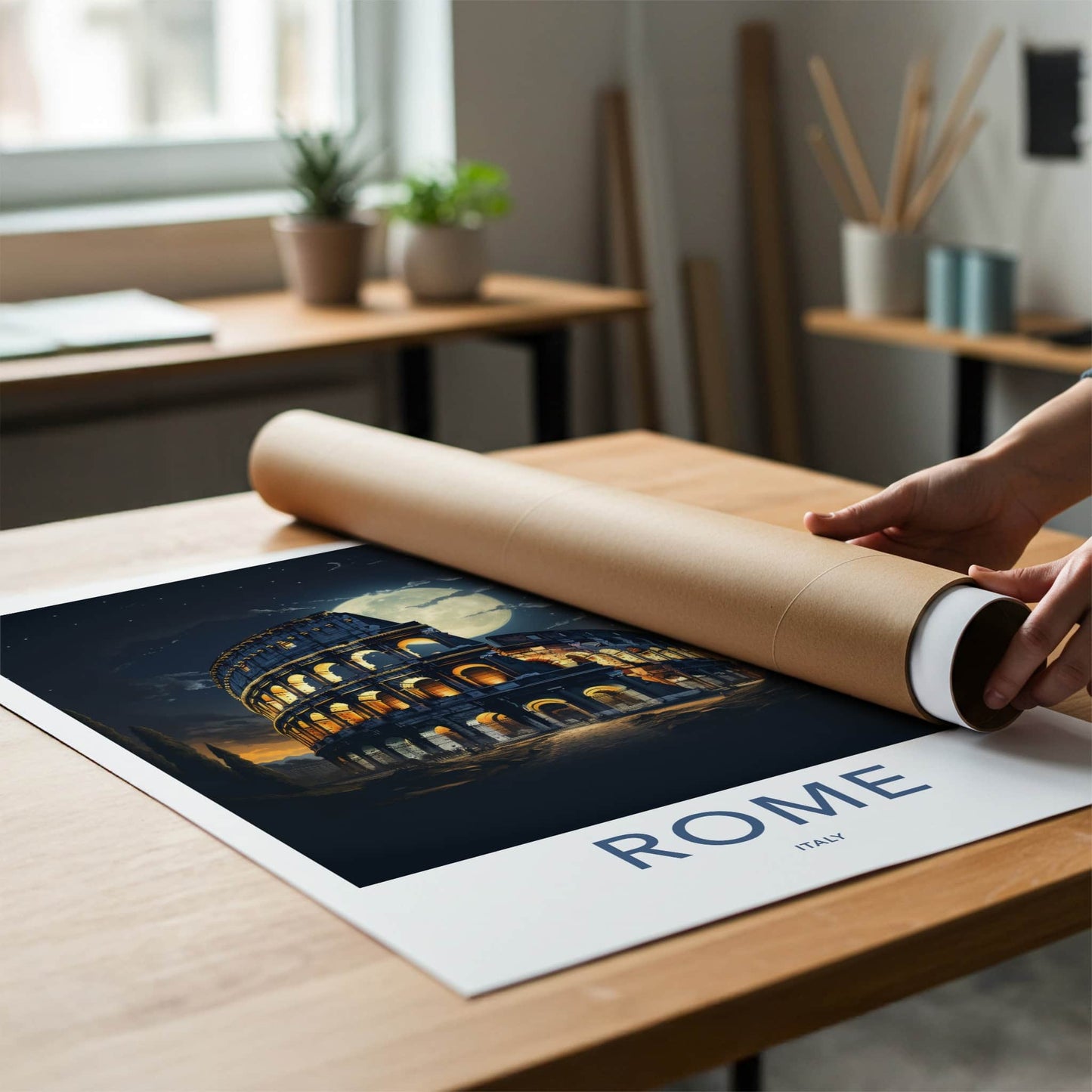 Rome Poster - Italy Travel Art - Colosseum Night Moon Home Decor