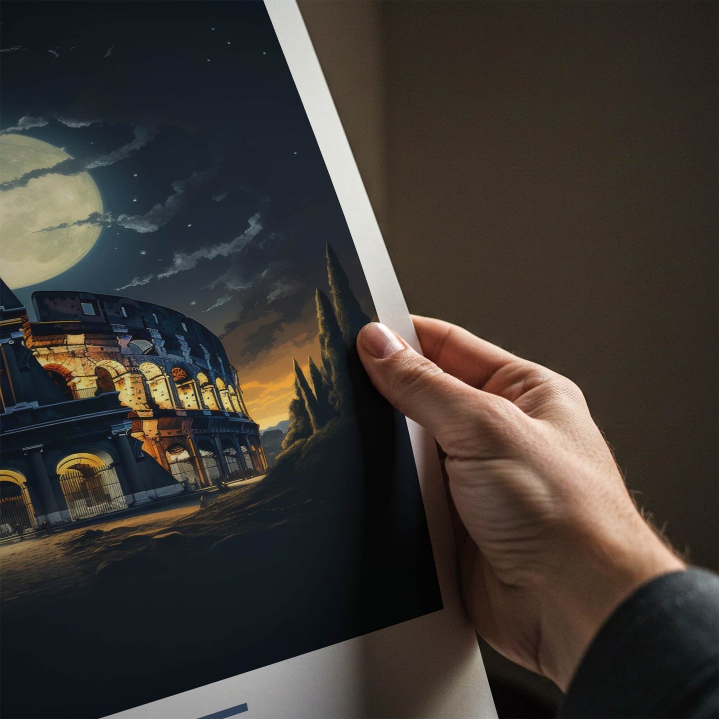 Rome Poster - Italy Travel Art - Colosseum Night Moon Home Decor