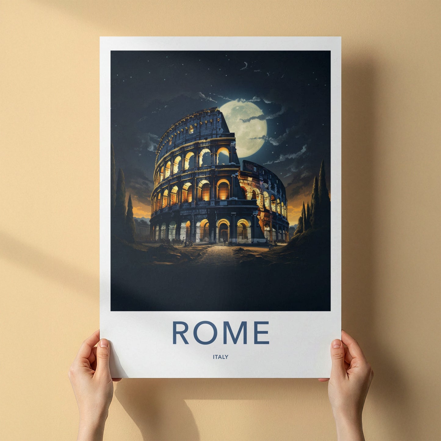 Rome Poster - Italy Travel Art - Colosseum Night Moon Home Decor