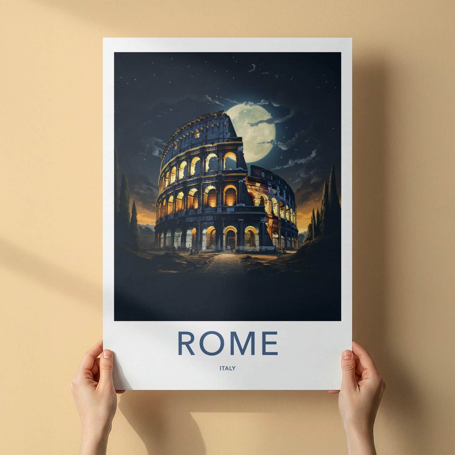 Rome Poster - Italy Travel Art - Colosseum Night Moon Home Decor