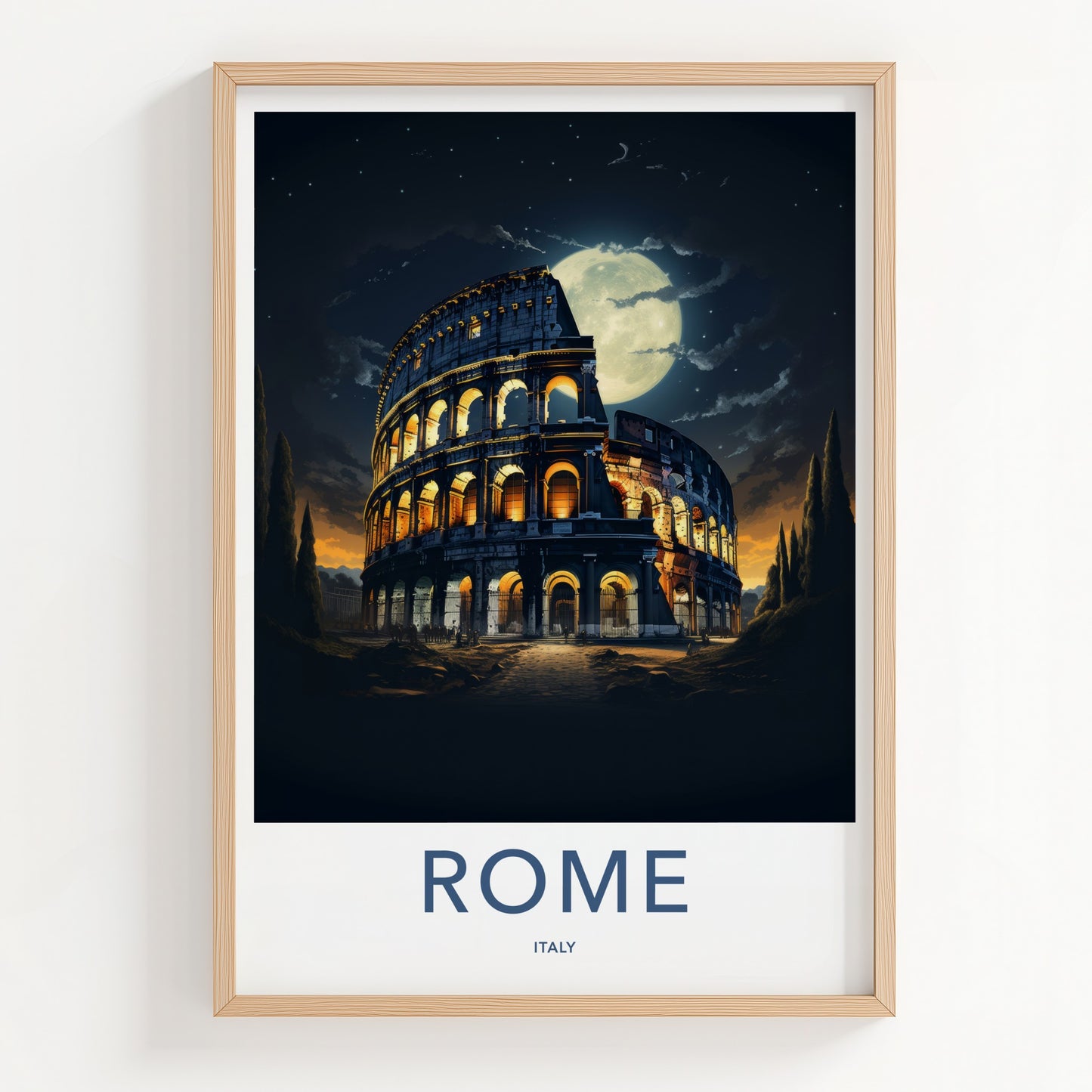 Rome Poster - Italy Travel Art - Colosseum Night Moon Home Decor