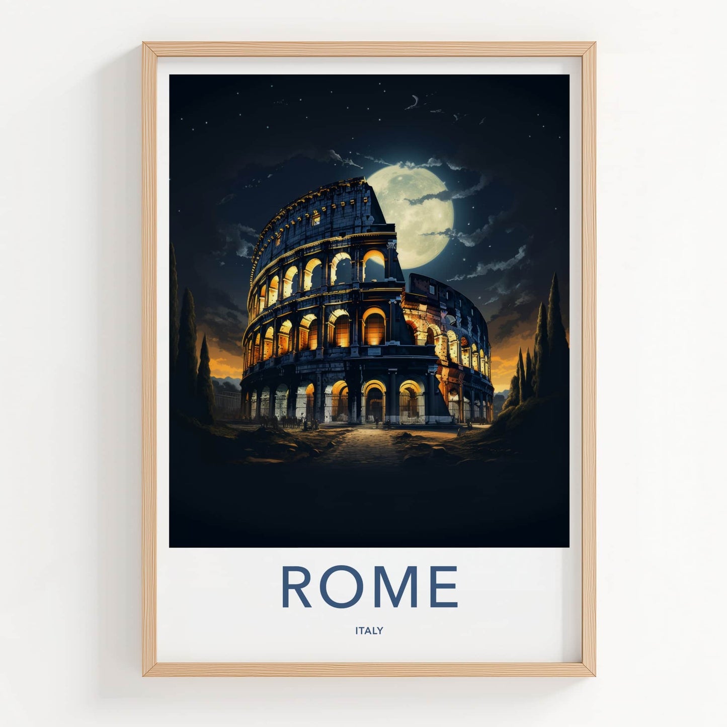 Rome Poster - Italy Travel Art - Colosseum Night Moon Home Decor