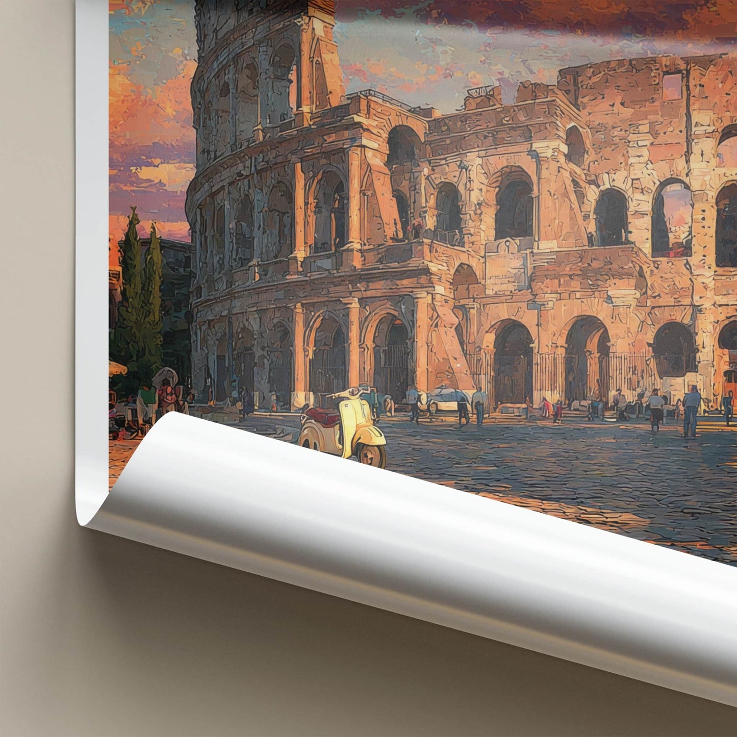 Rome Poster - Italy Travel Art - Colosseum Sunset Scooter Home Decor