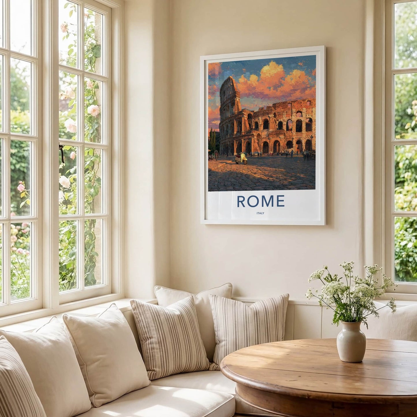 Rome Poster - Italy Travel Art - Colosseum Sunset Scooter Home Decor