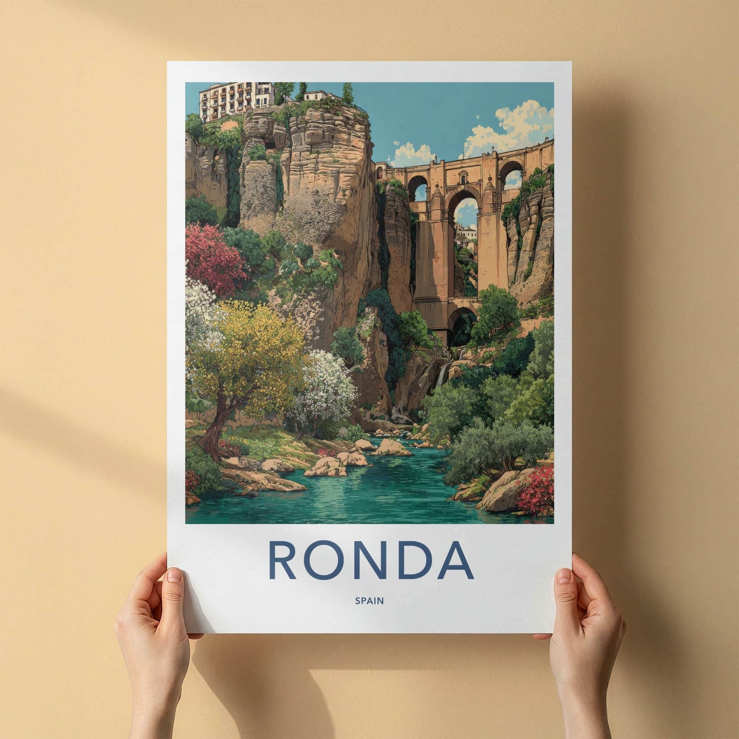 Ronda Poster - Spain Travel Art - Arches Bridge Houses Home Decor