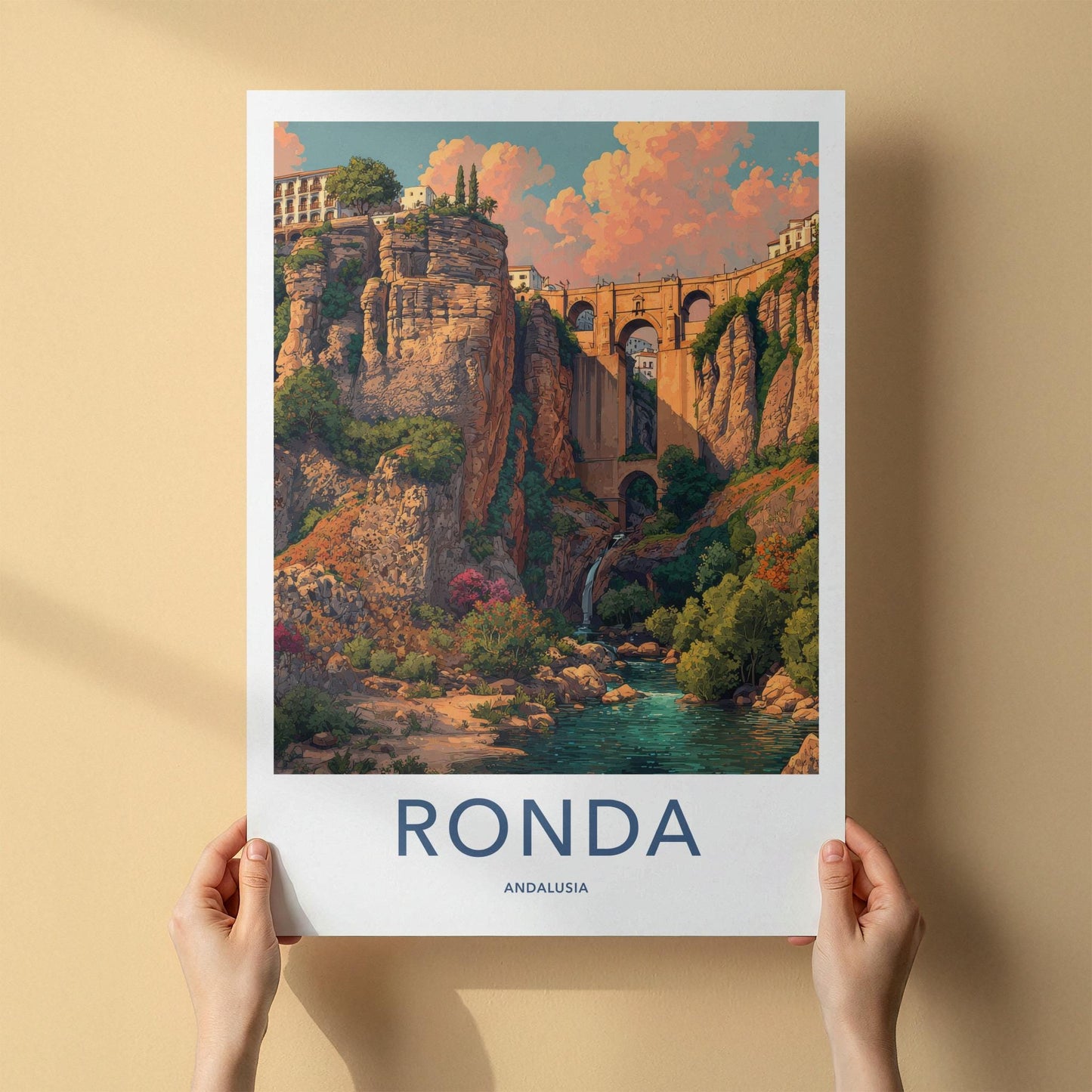 Ronda Poster - Spain Travel Art - Deep Gorge Bridge Wall Decor