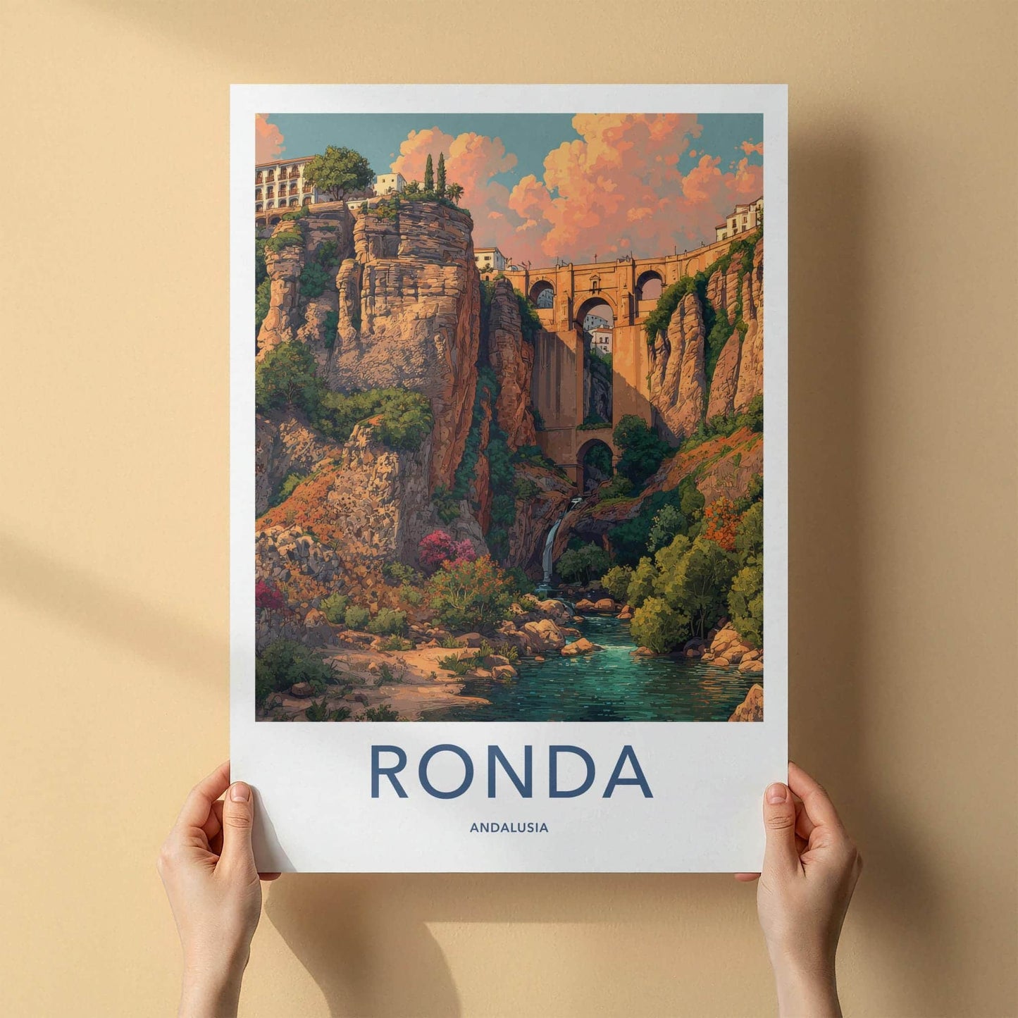 Ronda Poster - Spain Travel Art - Deep Gorge Bridge Wall Decor