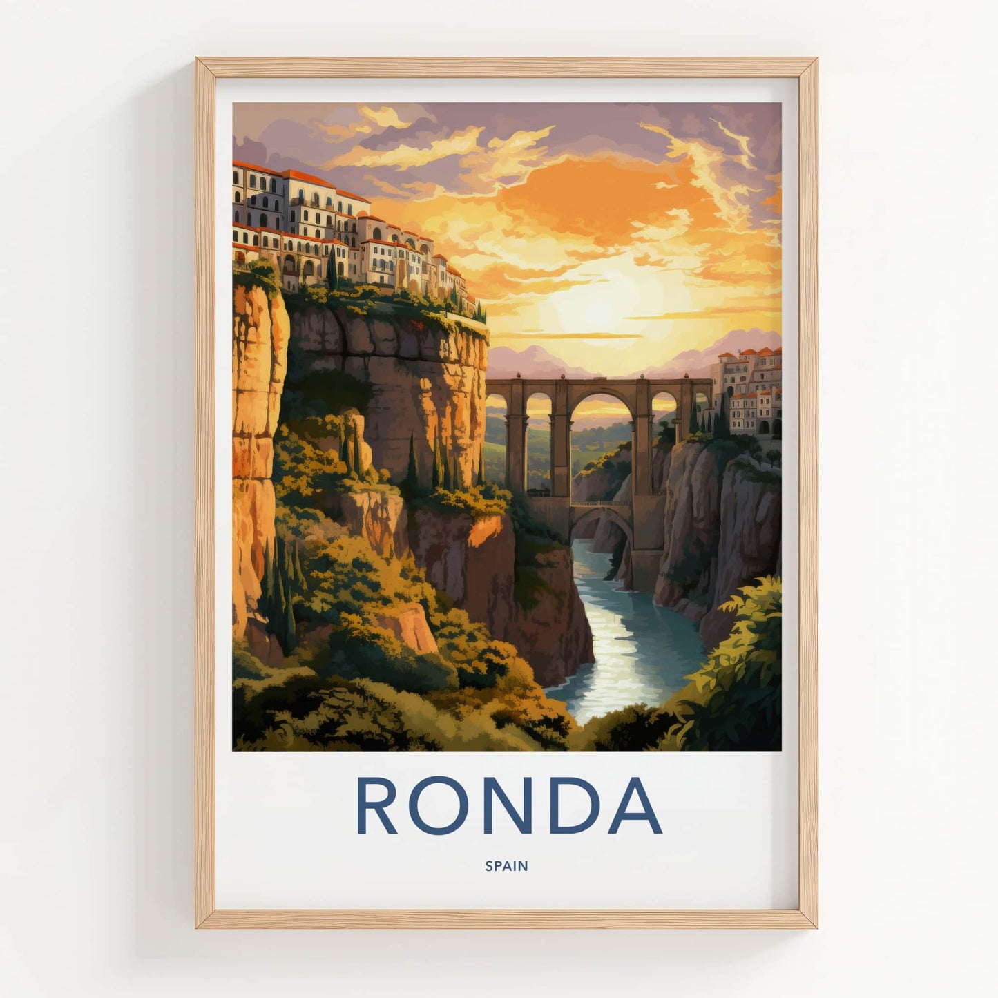 Ronda Poster - Spain Travel Art - Gorge Bridge Sunset Home Decor