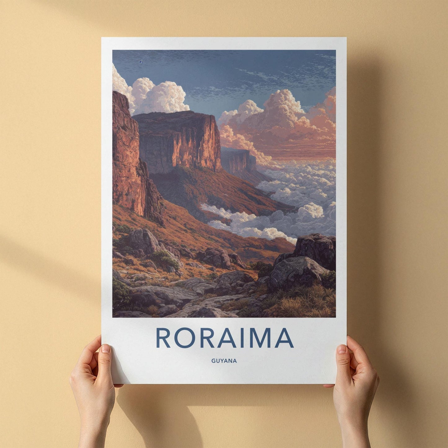 Roraima Poster - Guyana Travel Art - Golden Cliffs Mist Home Decor
