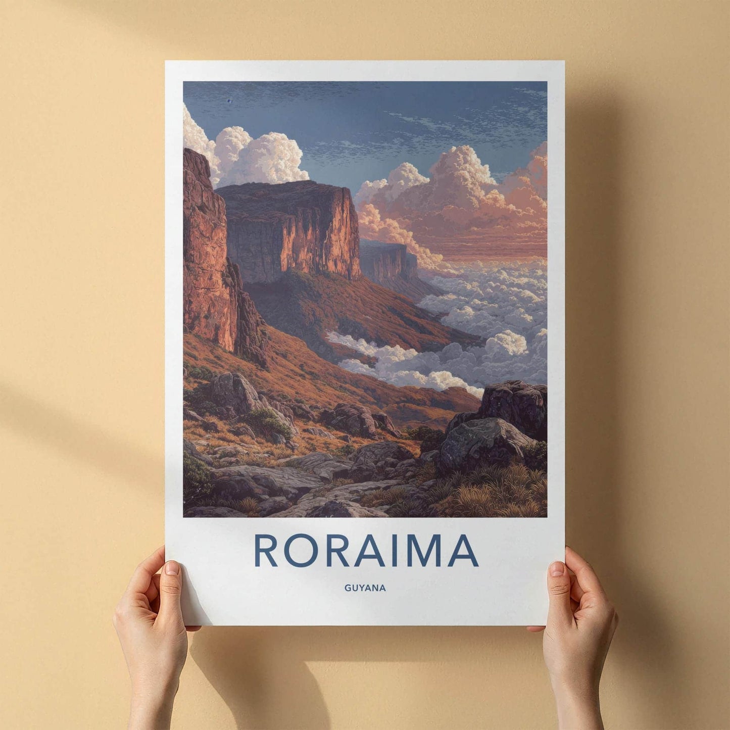 Roraima Poster - Guyana Travel Art - Golden Cliffs Mist Home Decor