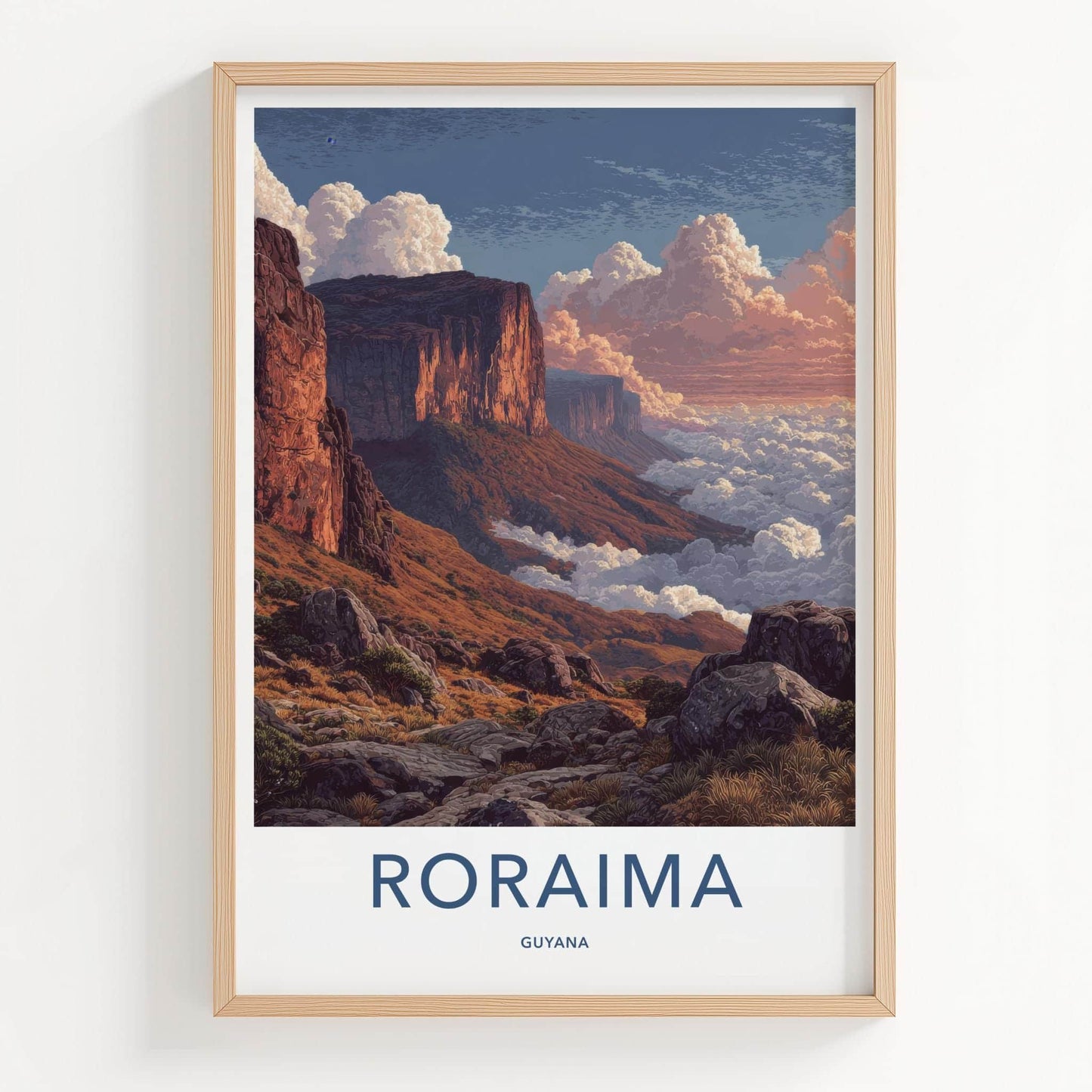 Roraima Poster - Guyana Travel Art - Golden Cliffs Mist Home Decor