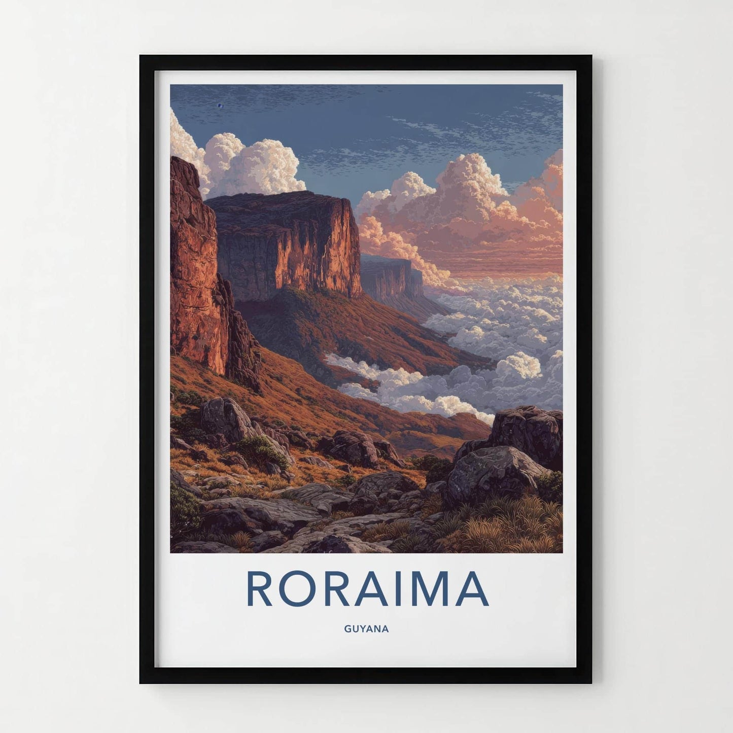 Roraima Poster - Guyana Travel Art - Golden Cliffs Mist Home Decor