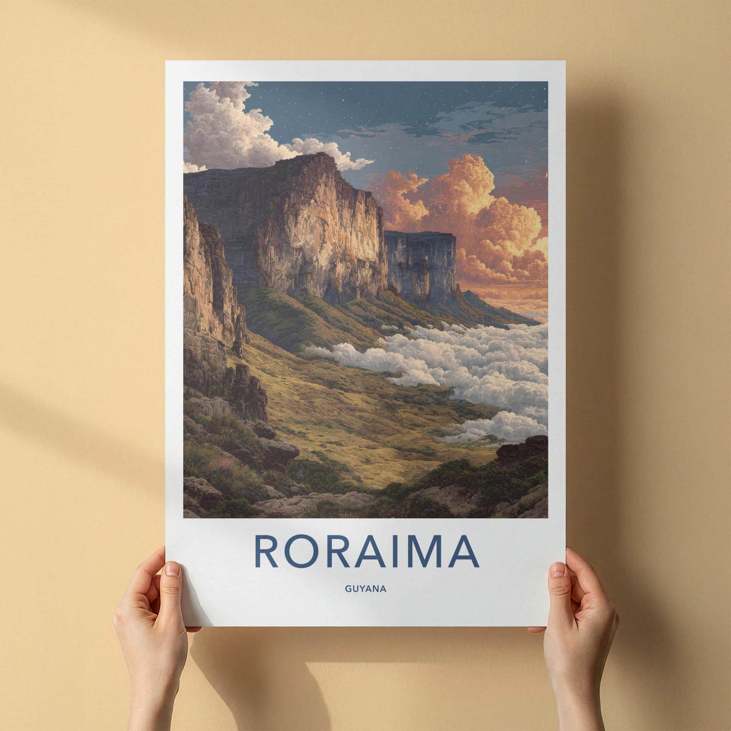 Roraima Poster - Guyana Travel Art - Starry Plateau Clouds Home Decor