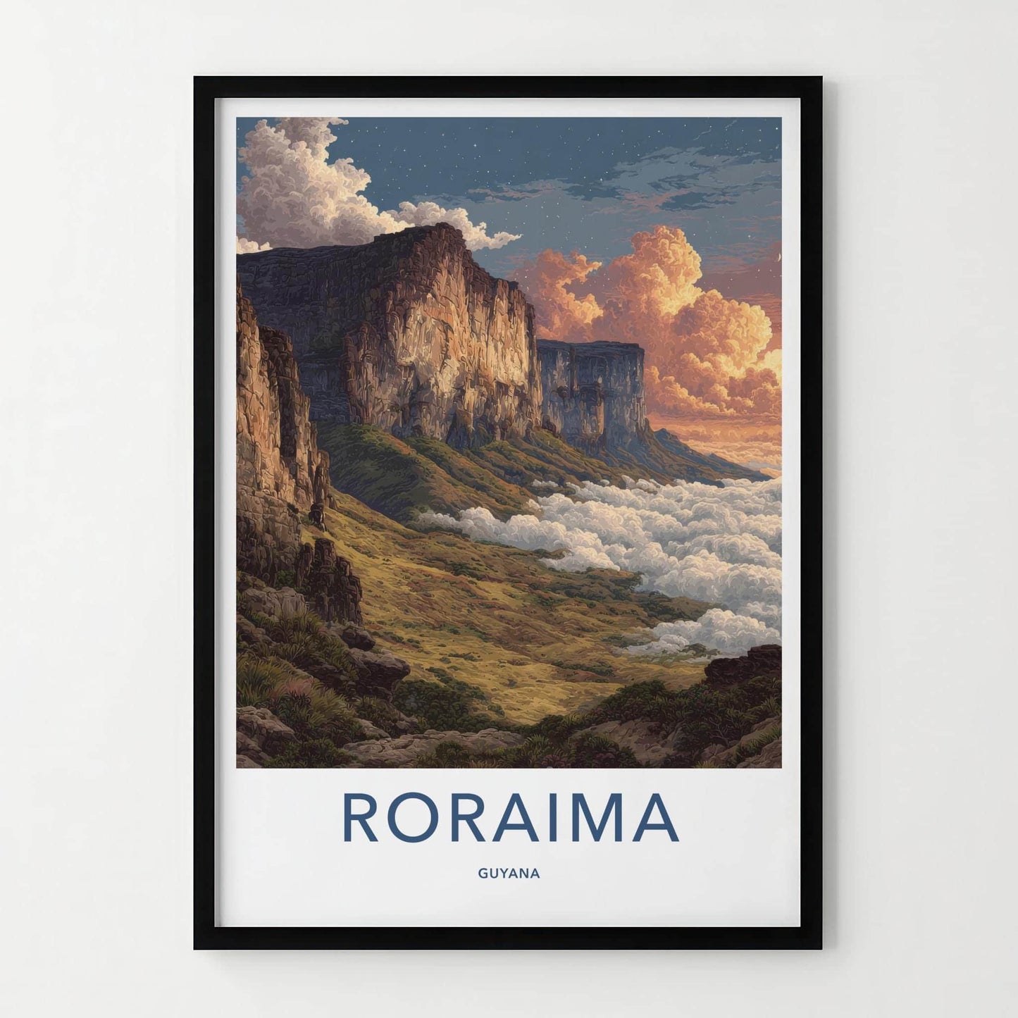 Roraima Poster - Guyana Travel Art - Starry Plateau Clouds Home Decor