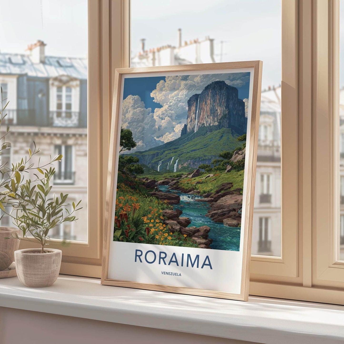 Roraima Poster - Venezuela Travel Art - Dramatic Mountain Waterfalls Home Decor