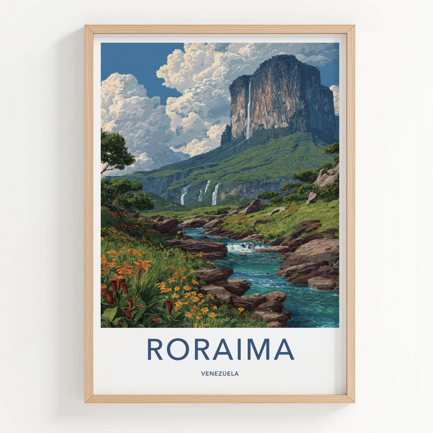 Roraima Poster - Venezuela Travel Art - Dramatic Mountain Waterfalls Home Decor