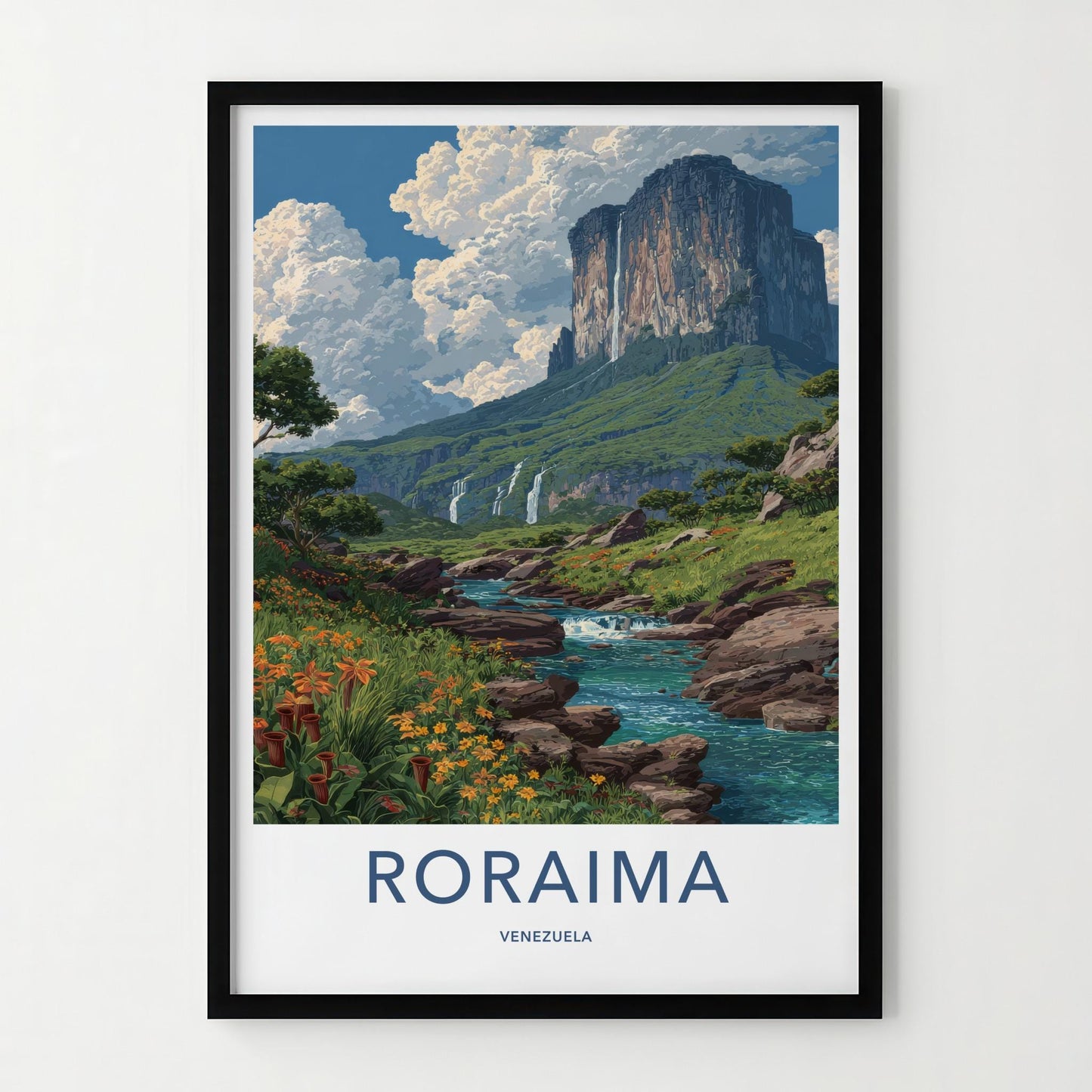 Roraima Poster - Venezuela Travel Art - Dramatic Mountain Waterfalls Home Decor