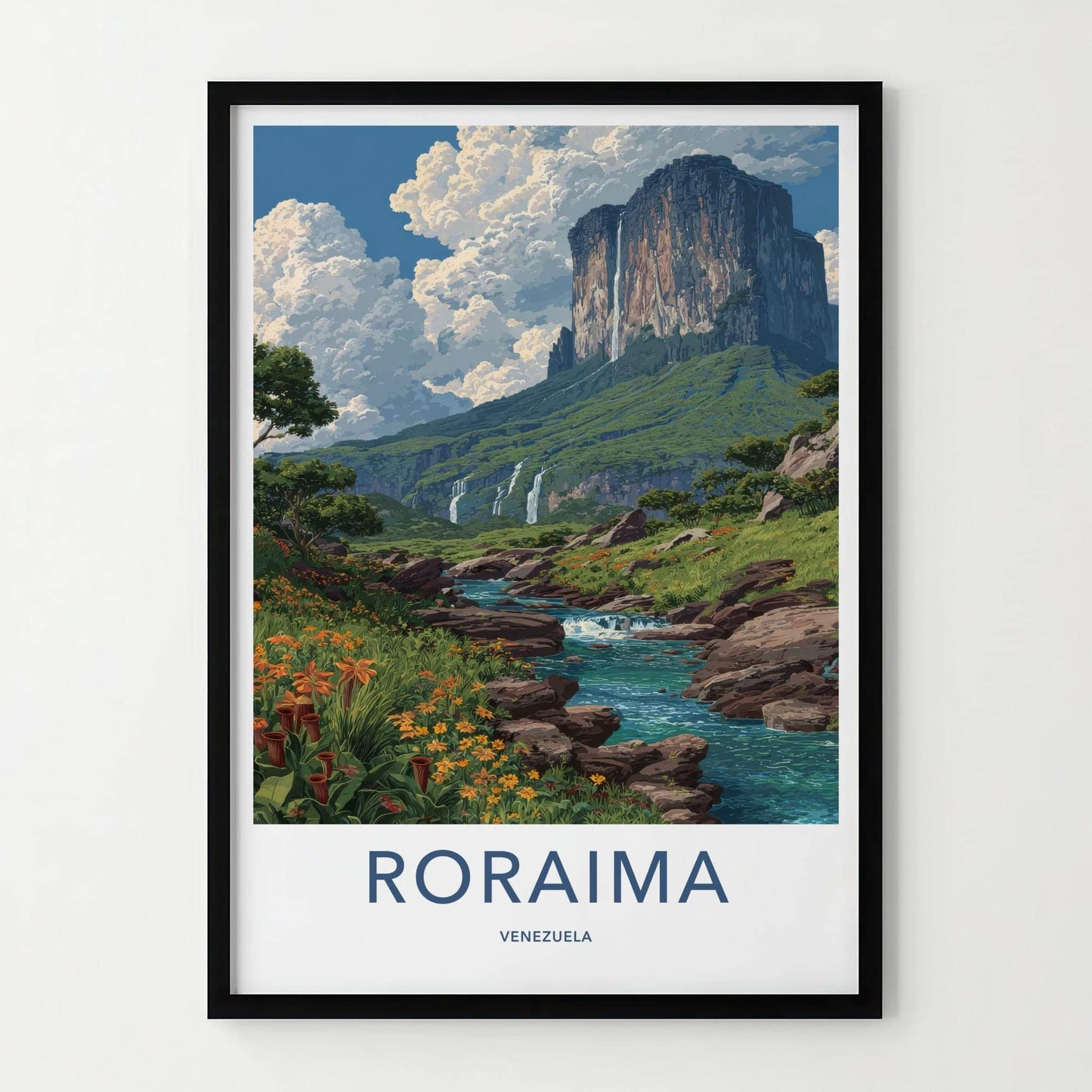 Roraima Poster - Venezuela Travel Art - Dramatic Mountain Waterfalls Home Decor