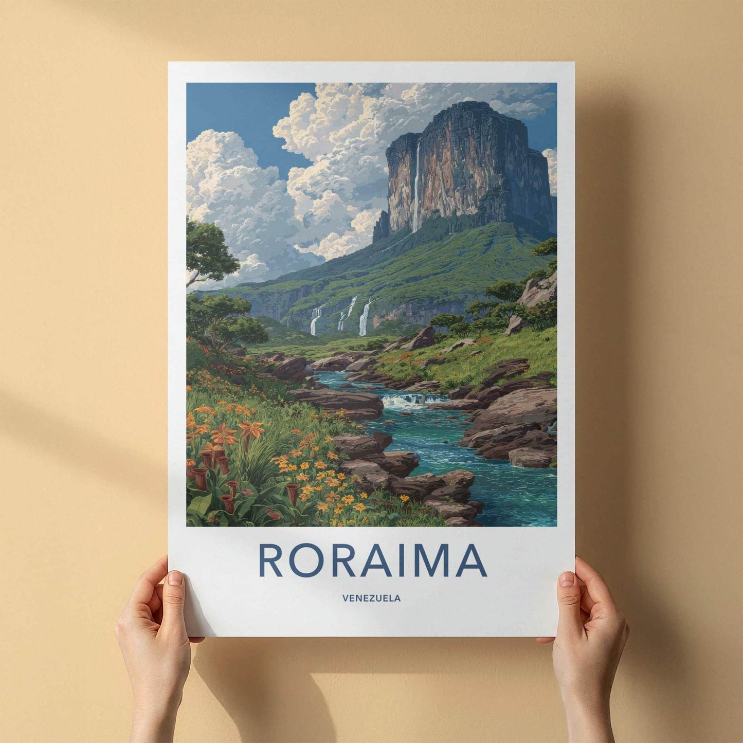 Roraima Poster - Venezuela Travel Art - Dramatic Mountain Waterfalls Home Decor