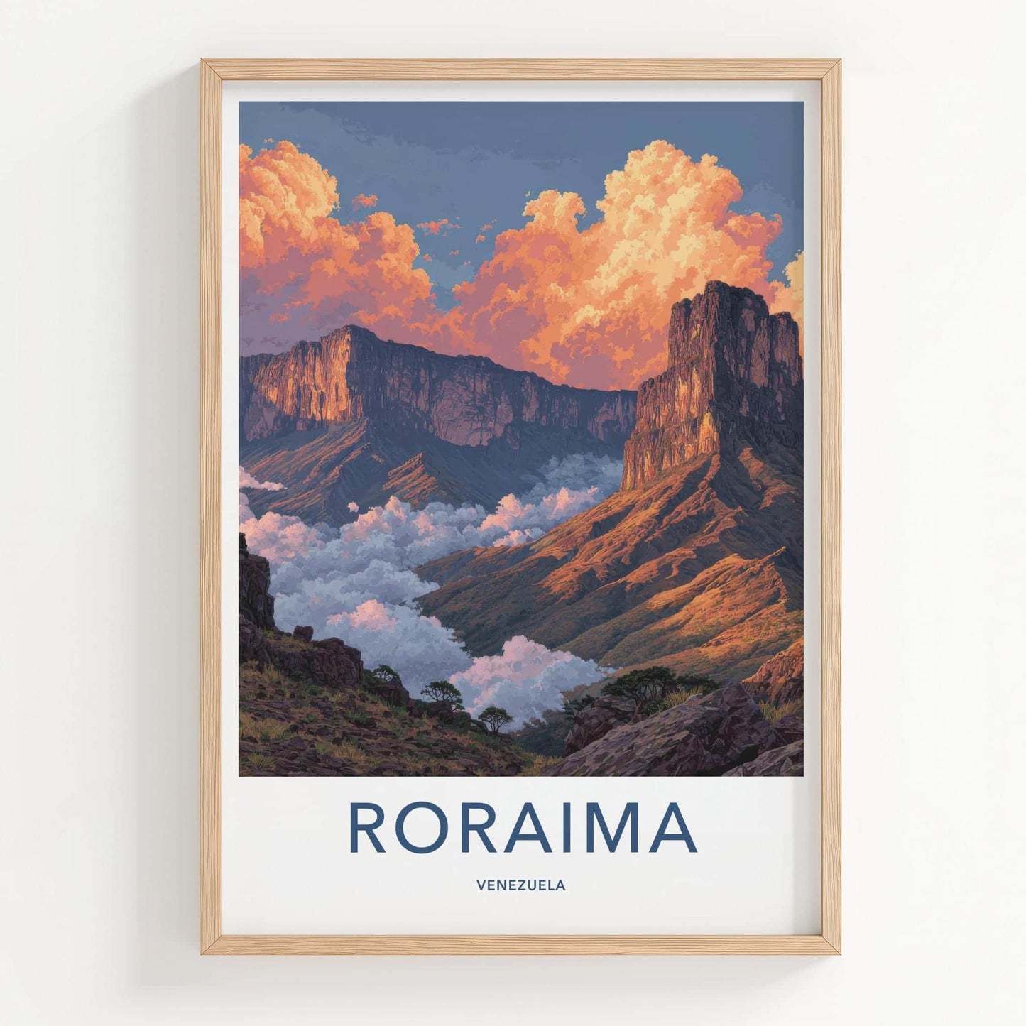 Roraima Poster - Venezuela Travel Art - Sunrise Mountain Clouds Home Decor