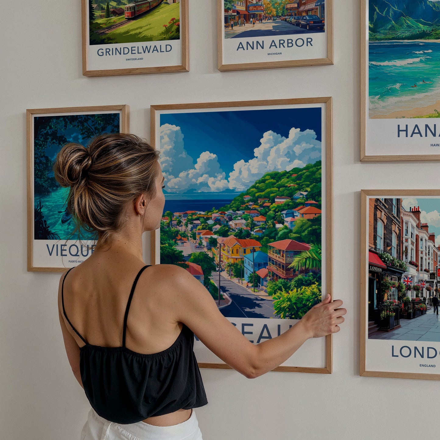 Roseau Poster - Dominica Travel Art - Colorful Town Hillside Home Decor