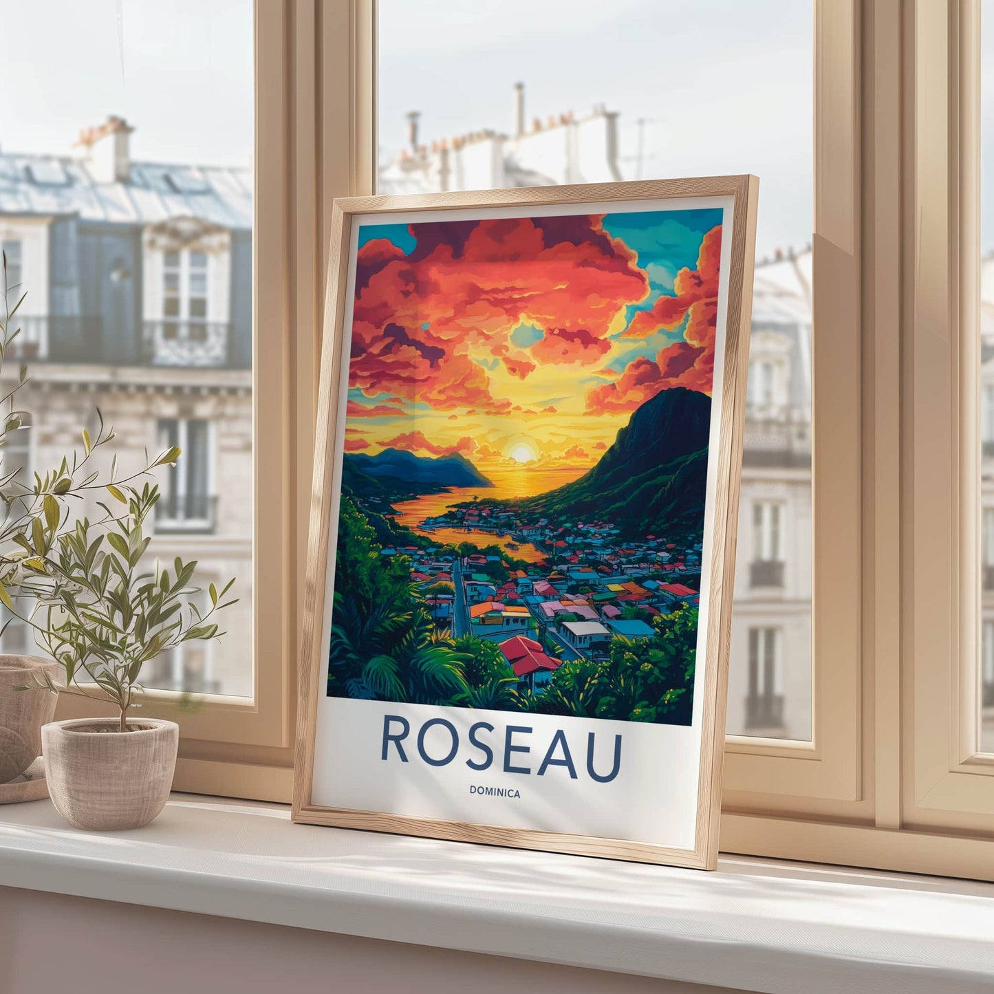 Roseau Poster - Dominica Travel Art - Vibrant Town Sunset Wall Decor