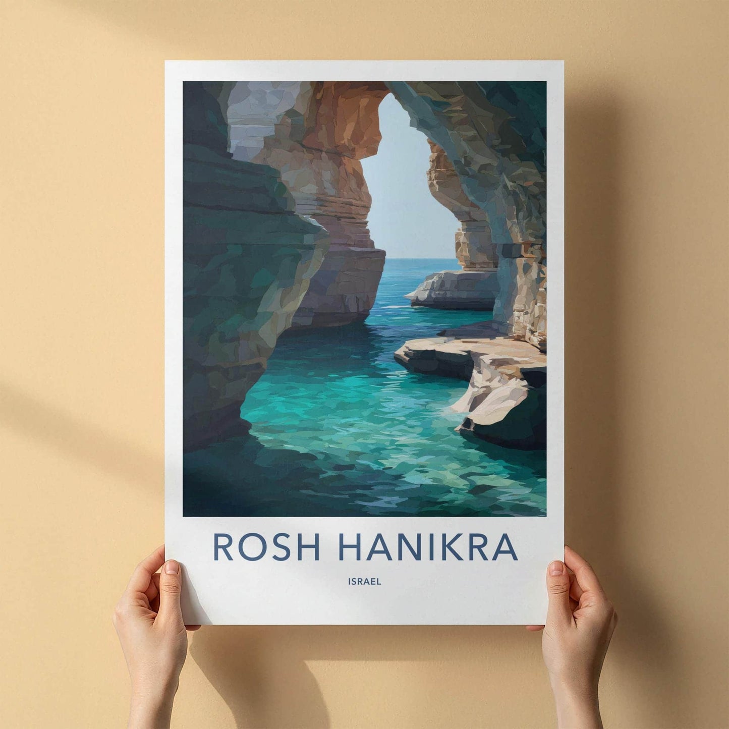 Rosh Hanikra Poster - Israel Travel Art - Sea Caves Turquoise Home Decor