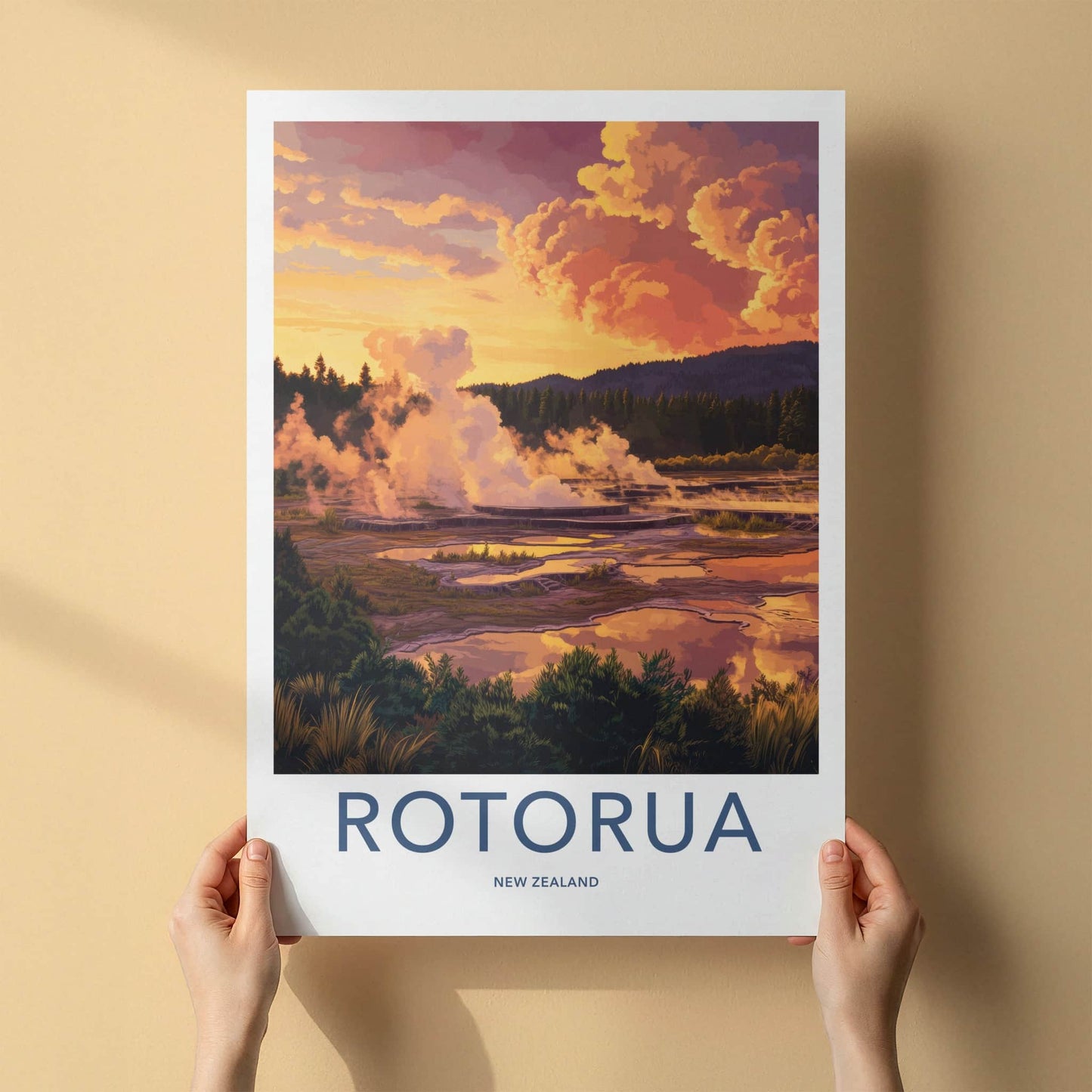 Rotorua Poster - New Zealand Wall Art - Steaming Geothermal Landscape Gift